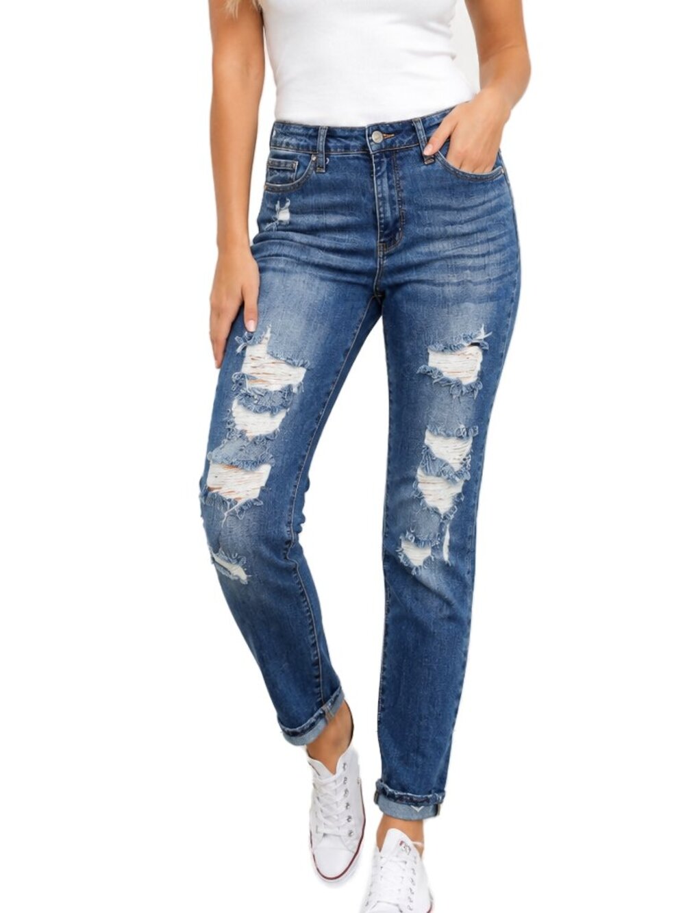 Judy Blue Distressed Boyfriend Jeans Medium Wash Stretch Denim Size 7 28